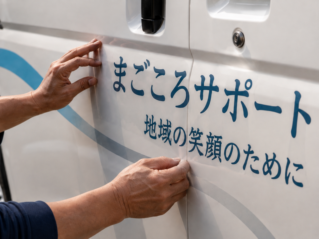 福島県いわき市内郷御厩町の看板店 スエヒロ広告の車両に文字シートを貼り付ける手元の様子