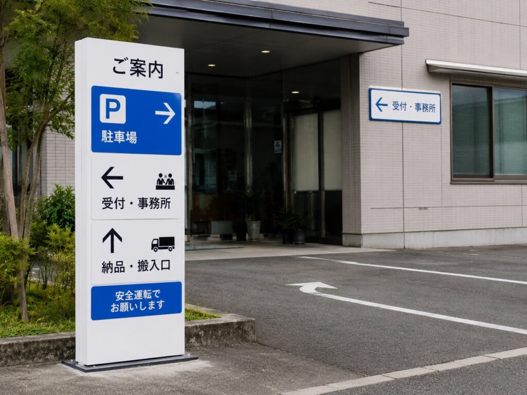 建物の入口・駐車場・受付へ分かりやすく誘導する案内看板のイメージ